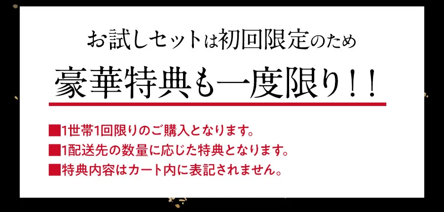 お試しセットは初回限定のため、豪華特典も一度限り!!